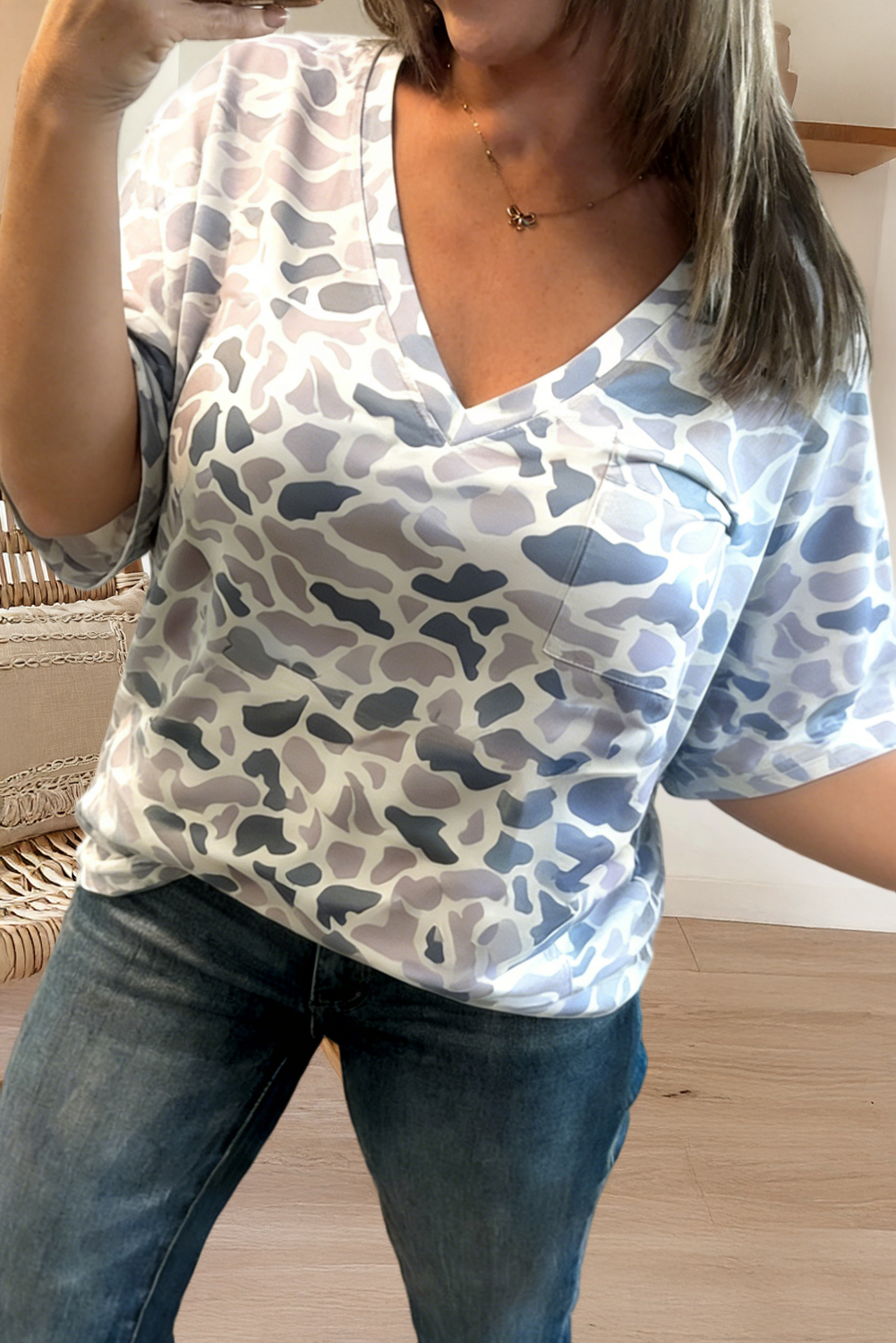 66 Camouflage Print Single Chest Pocket V Neck Tee (S-Xl)
