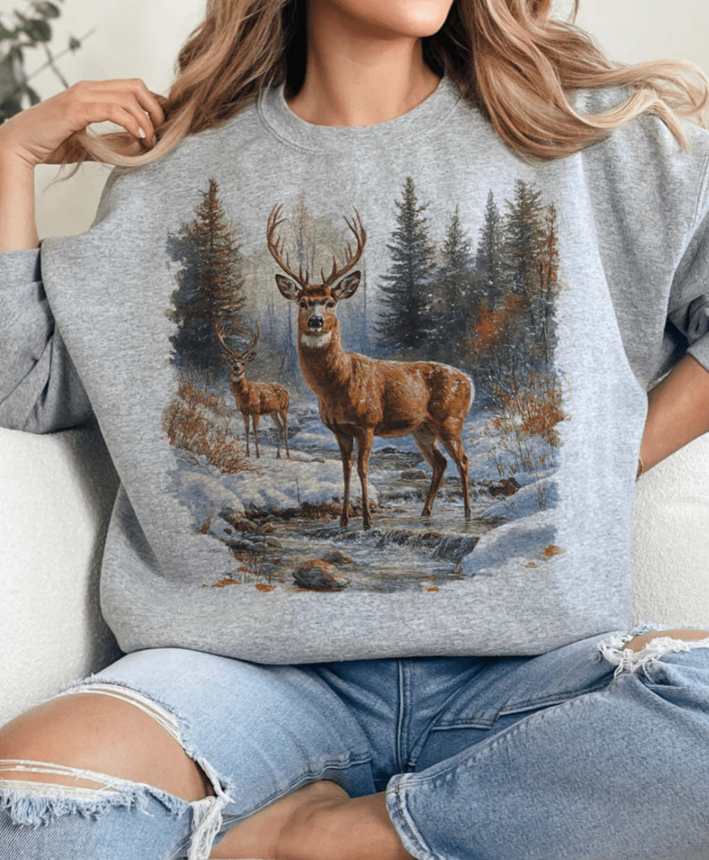 Retro Deer Scene - Heather Gray - Sweatshirt