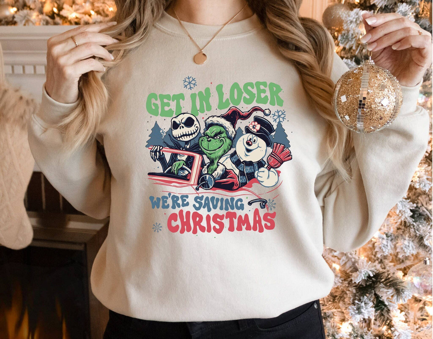 Merry Christmas Sweatshirt - Frosty, Grinch, & Jack Skelling
