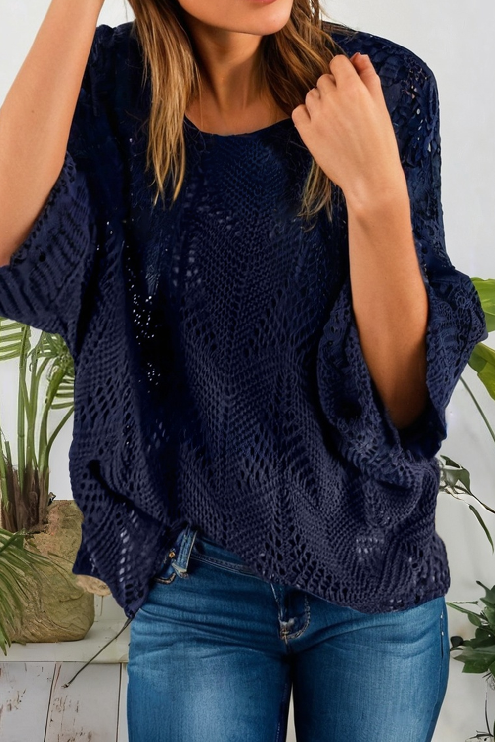 Spring2026 Hollow Out Knit 7/8 Sleeve Casual Sweater (S-Xl)