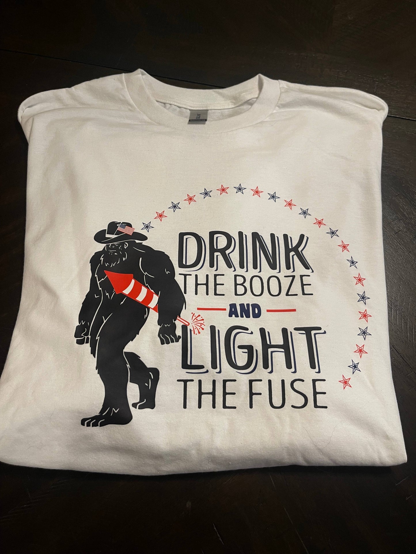 Patriotic July 4th Adult Bigfoot Booze T-Shirt (White)