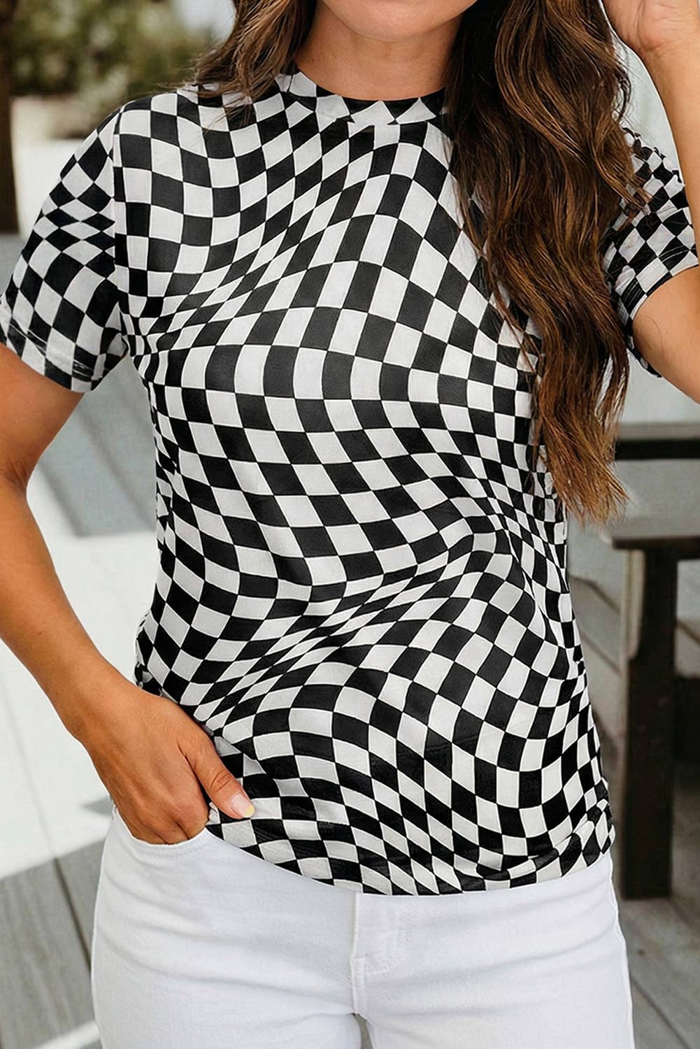 Checkered Print Mock Neck Mesh T Shirt (S-Xl)