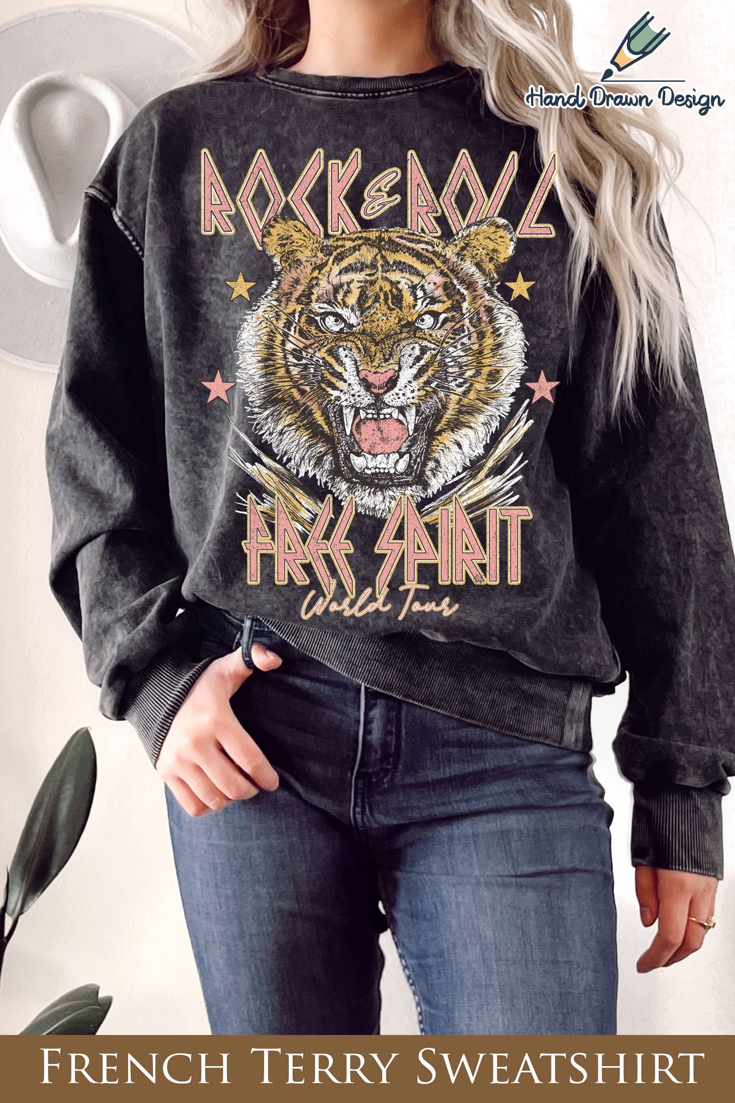Rock and Roll Tiger Hand Drawn Mineral Terry Sweatshirt