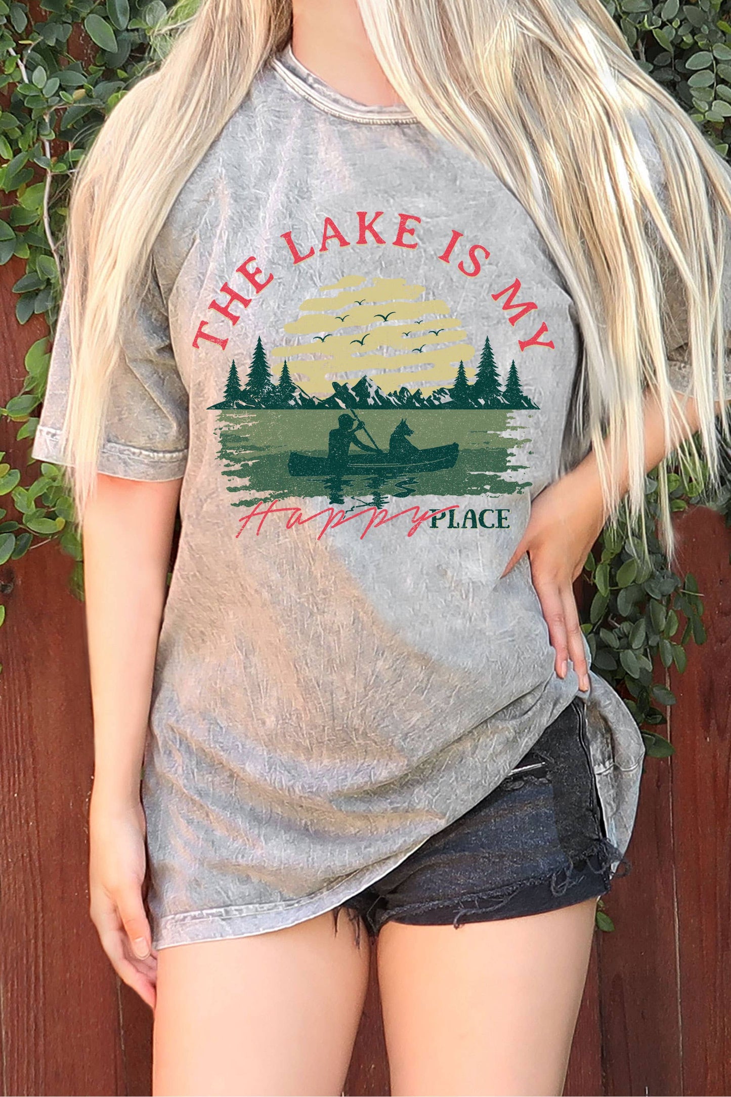 The Lake Is My Happy Place Oversize Mineral Graphic Tshirt