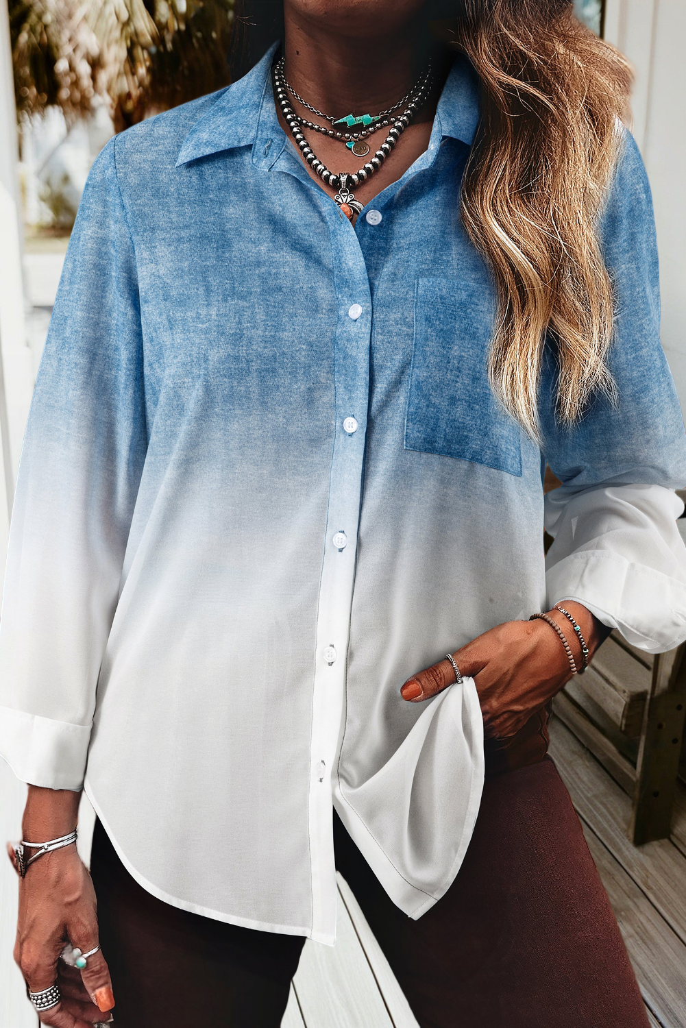 Ombre Dyed Single Chest Pocket Button Down Shirt (S-Xl)