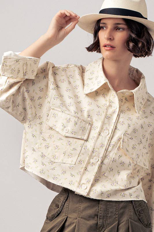 Floral Print Button Front Raw Hem Cotton Utility Jacket