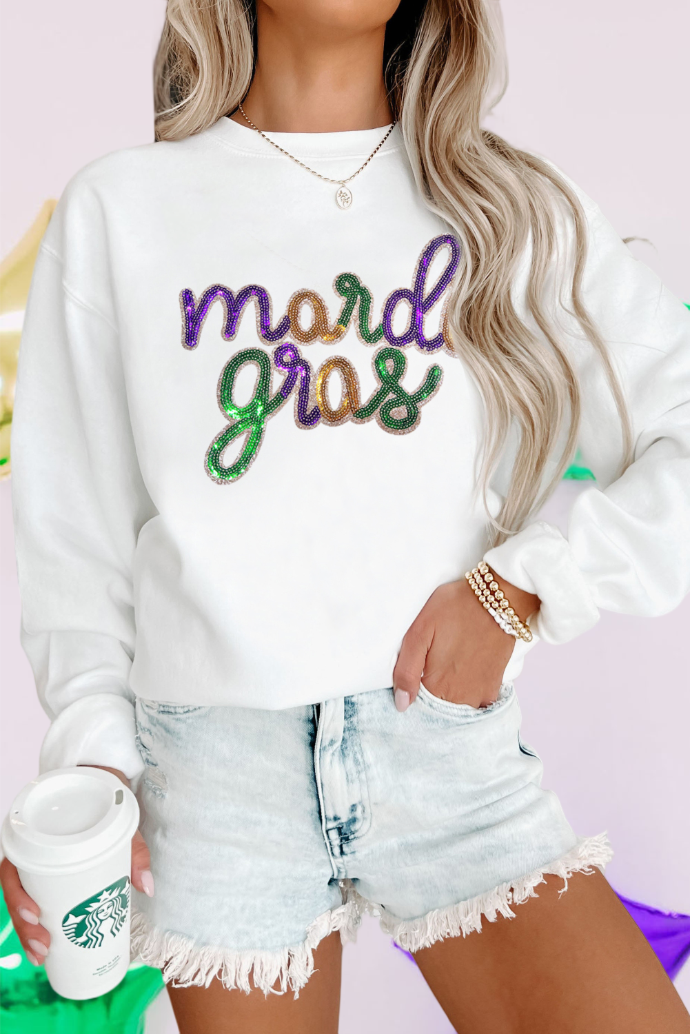 Sequined Mardi Gras Graphic Crew Neck Sweatshirt (S-2XL)