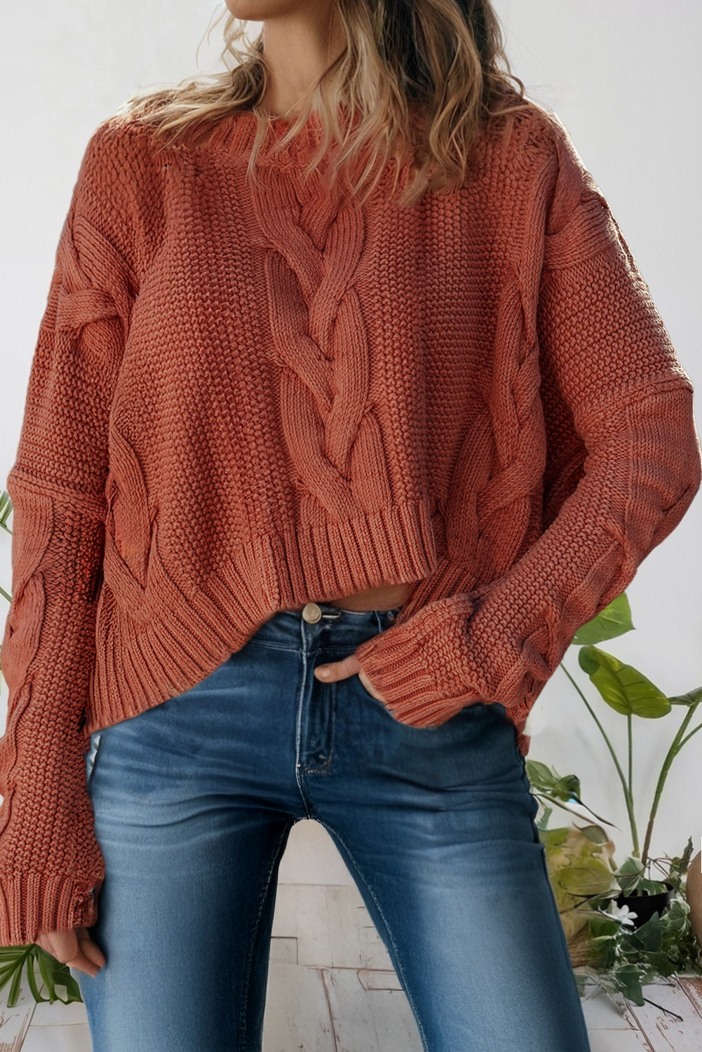 Chunky Fit Slouchy Textured Long Sleeve Knit Sweater (S-Xl)