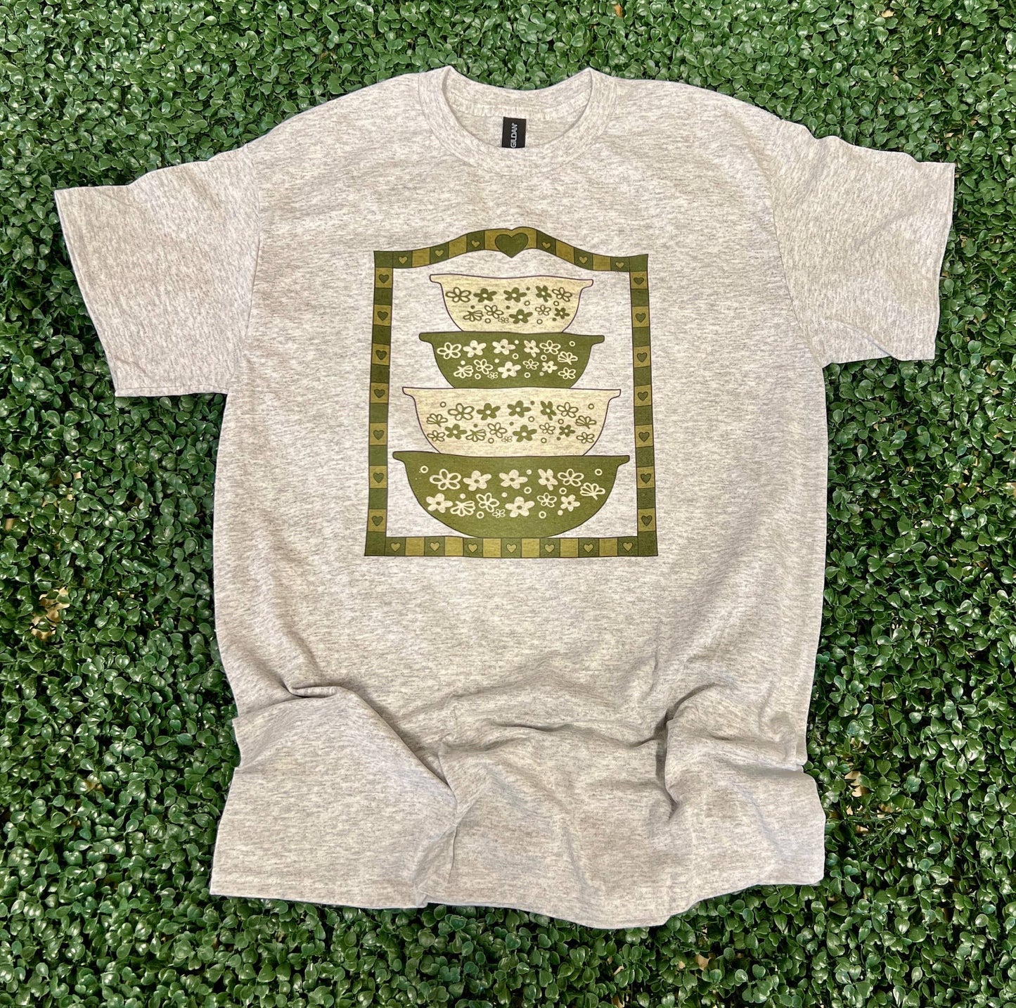 Vintage Green Nesting Bowls On Ash Gray Tee