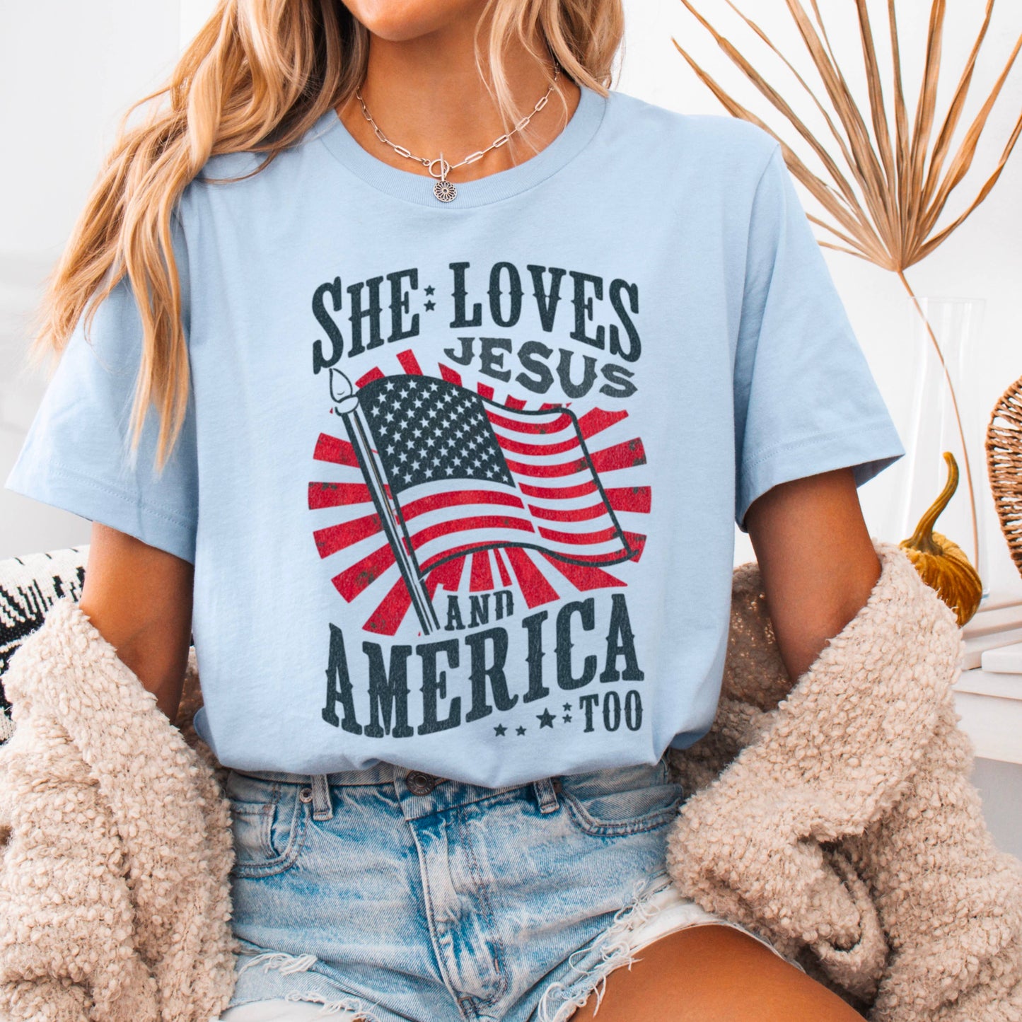 She Loves Jesus & America | July 4th Graphic Tee | Gildan