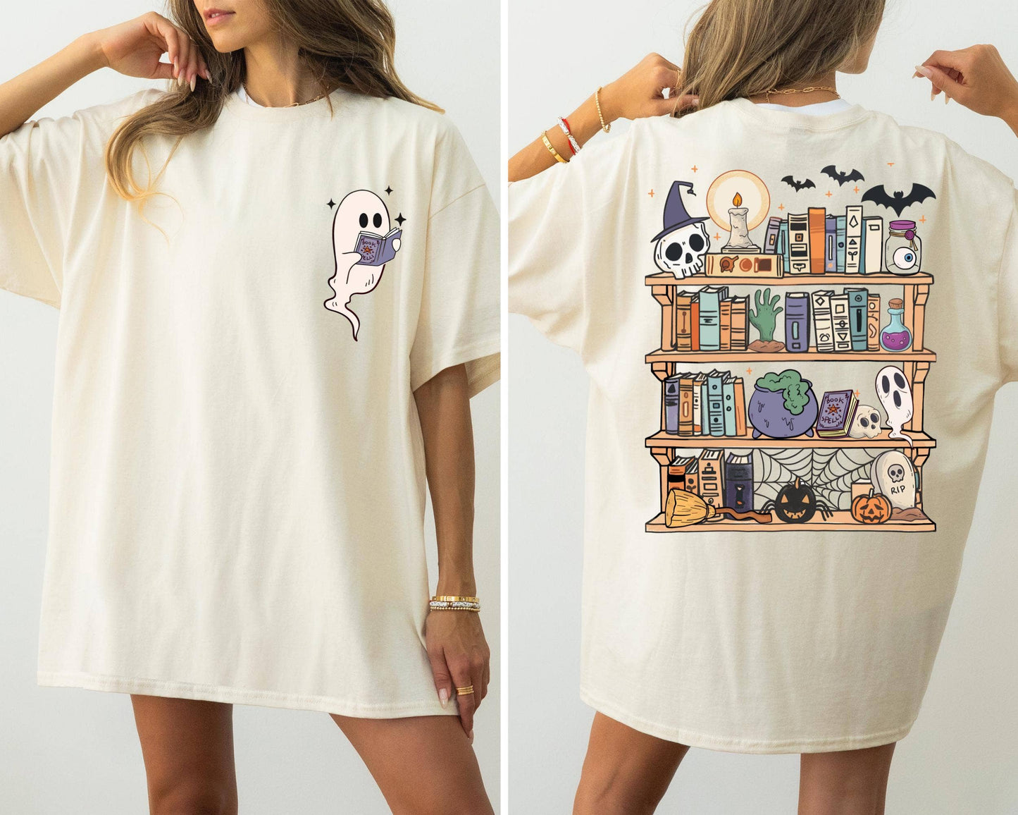 Cozy Ghost Reader Spooky Bookshelf Graphic Tee