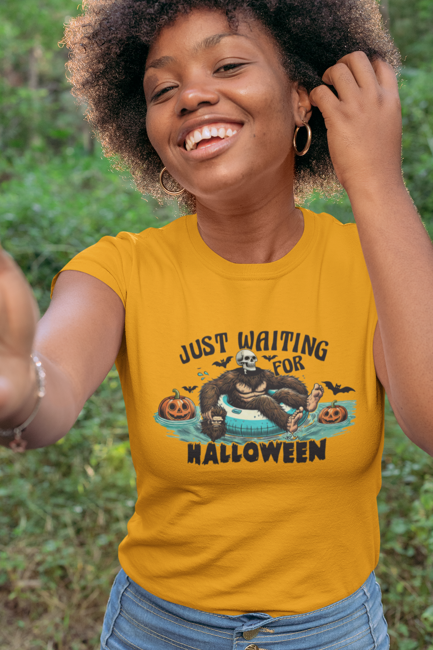 Skeleton Waiting For Halloween in Bigfoot Costume - Tshirt