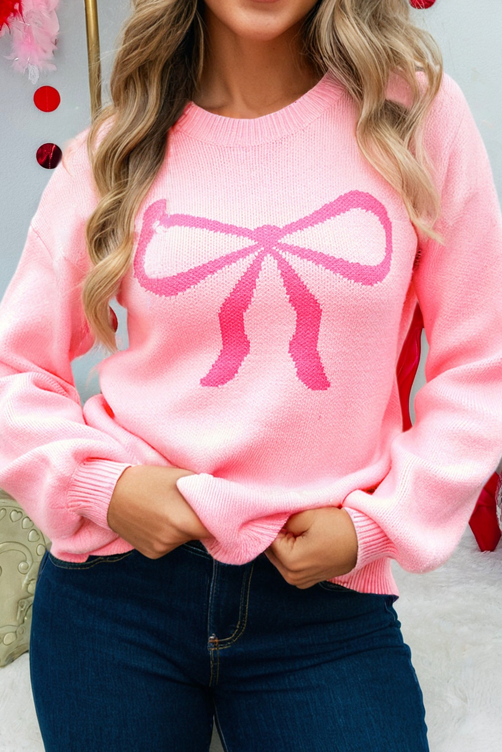 Bow Graphic Drop Shoulder Round Neck Sweater (S-Xl)
