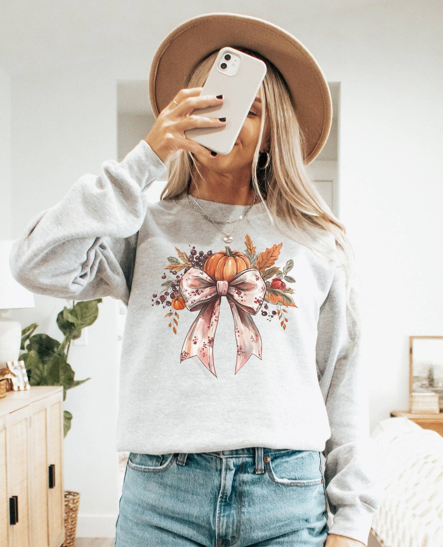 Coquette Pumpkin Bow Fall Crew Neck Sweatshirt