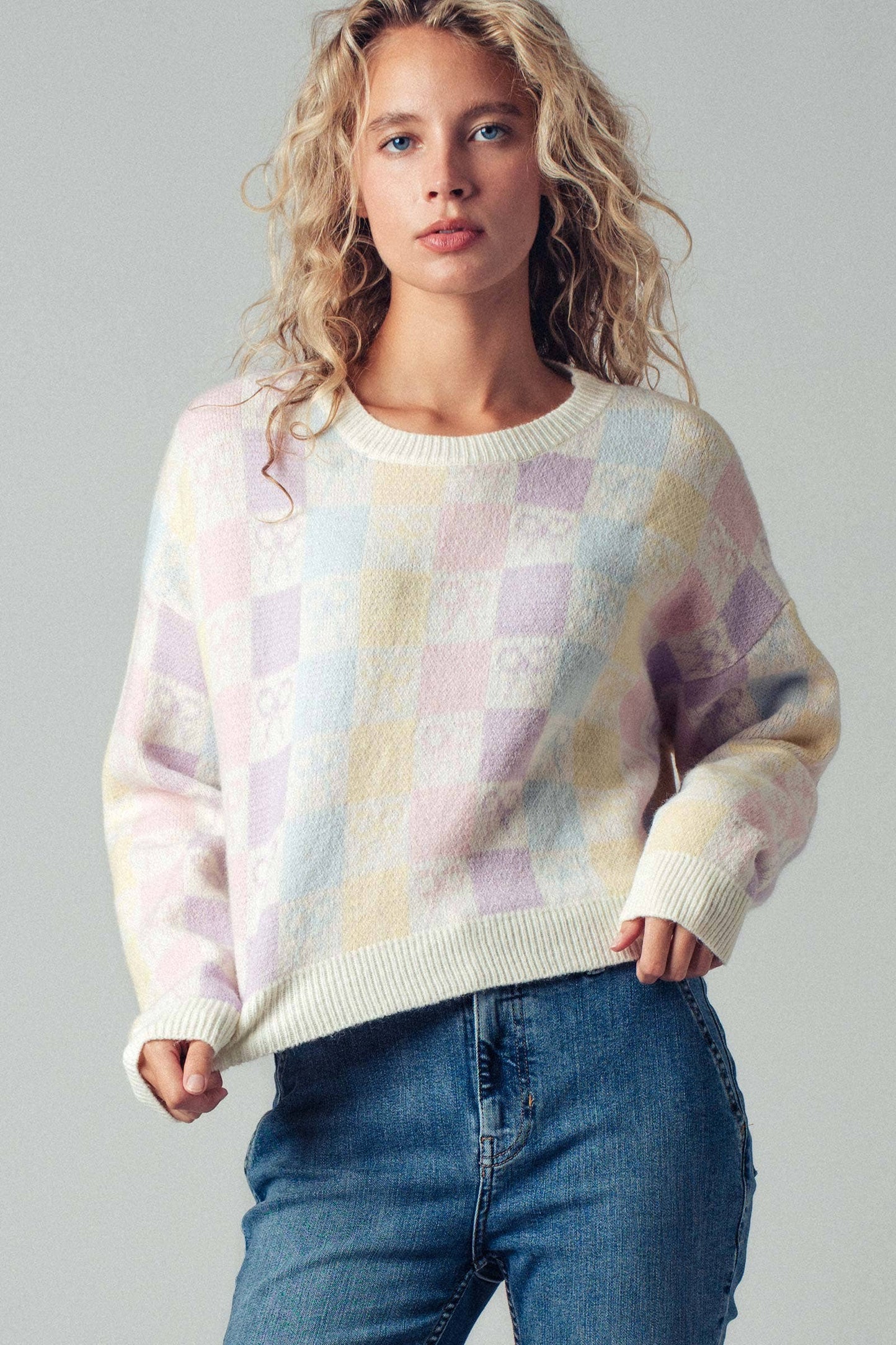 Pastel Checkered Coquette Bow Knit Sweater