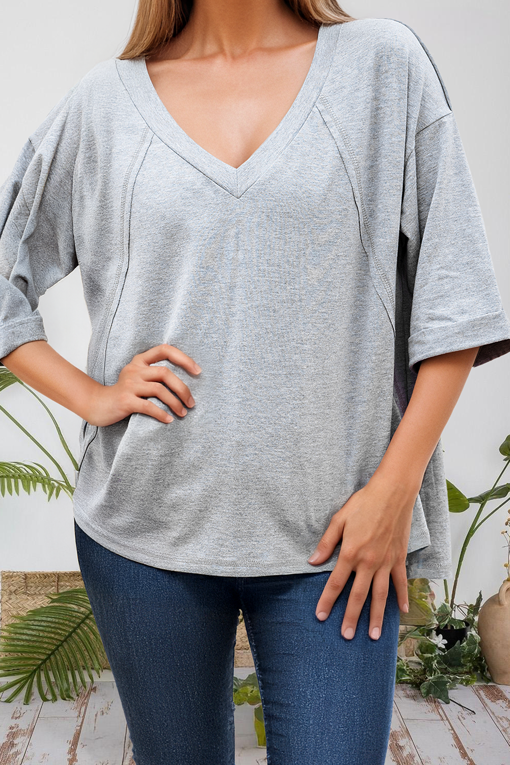 Raglan V Neck Oversized Half Sleeve Tee (S-Xl)