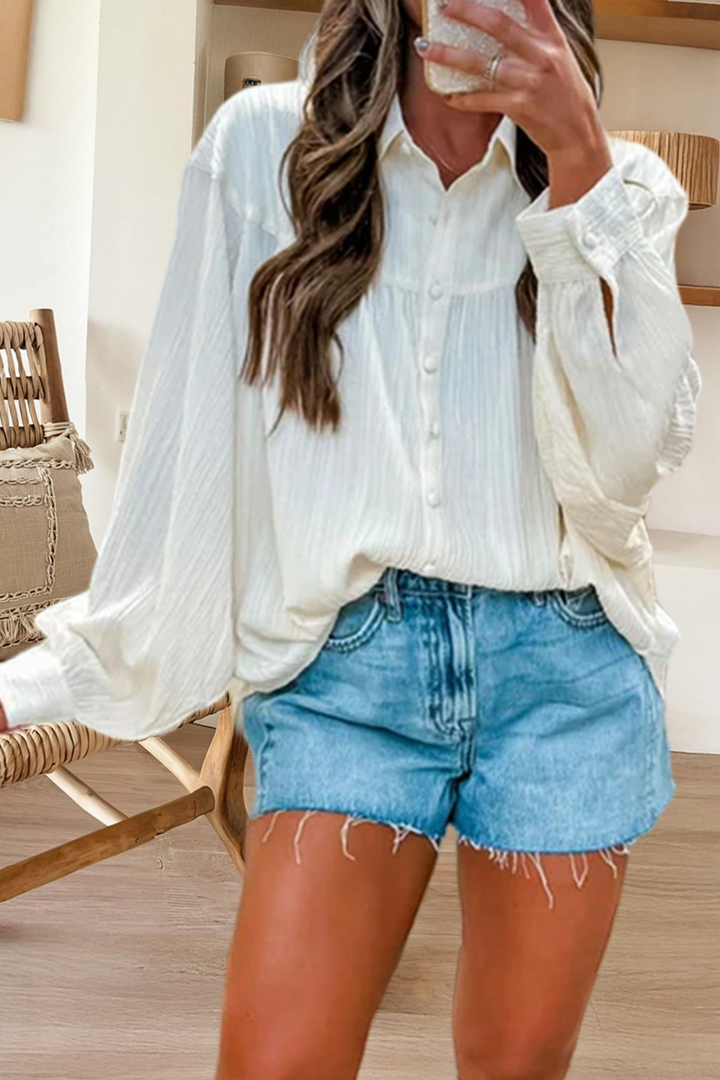 Crinkled Texture Lantern Sleeve Button Down Shirt (S-Xl)