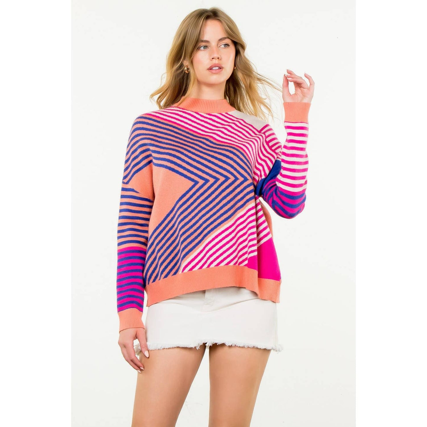 Mock Neck Striped Pattern Sweater