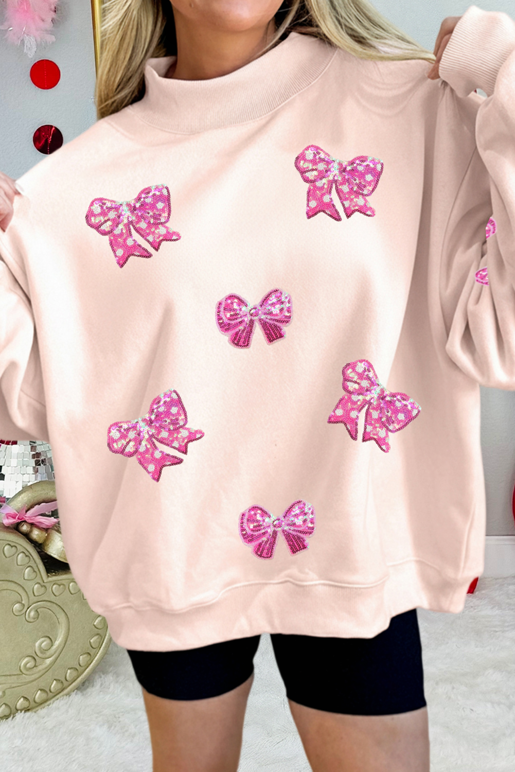 Adorable Sequin Bow Mock Neck Sweatshirt (S-Xl)