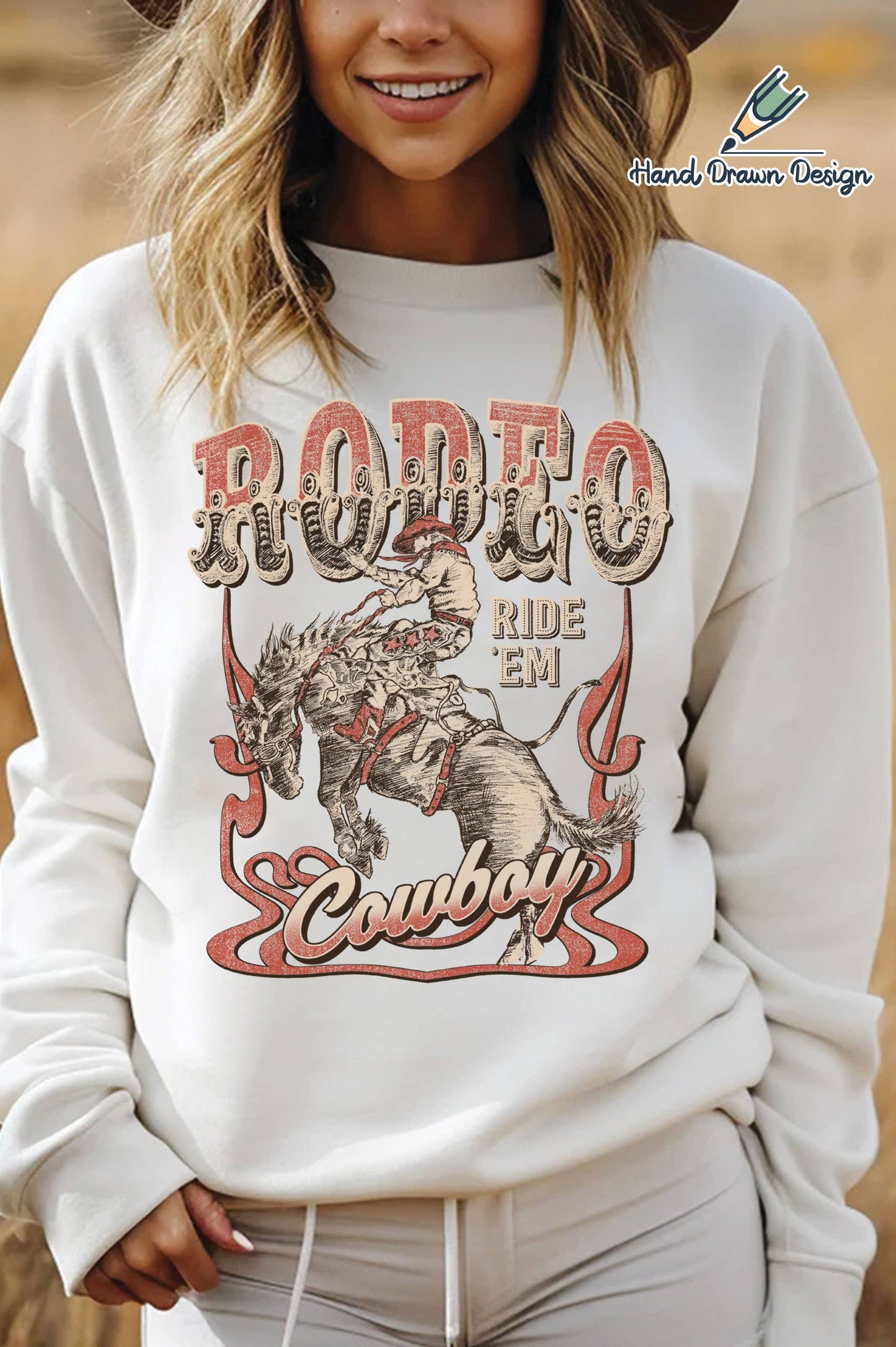 Rodeo Ride Em' Cowboy Hand Drawn Graphic Brushed Sweatshirt