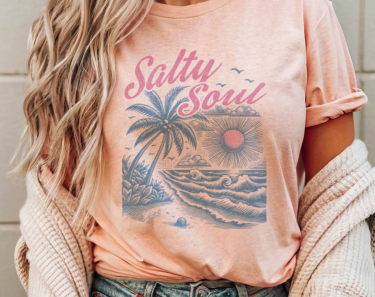 Salty Soul Beach Palm Tree - Retro Beach Graphic T-Shirt