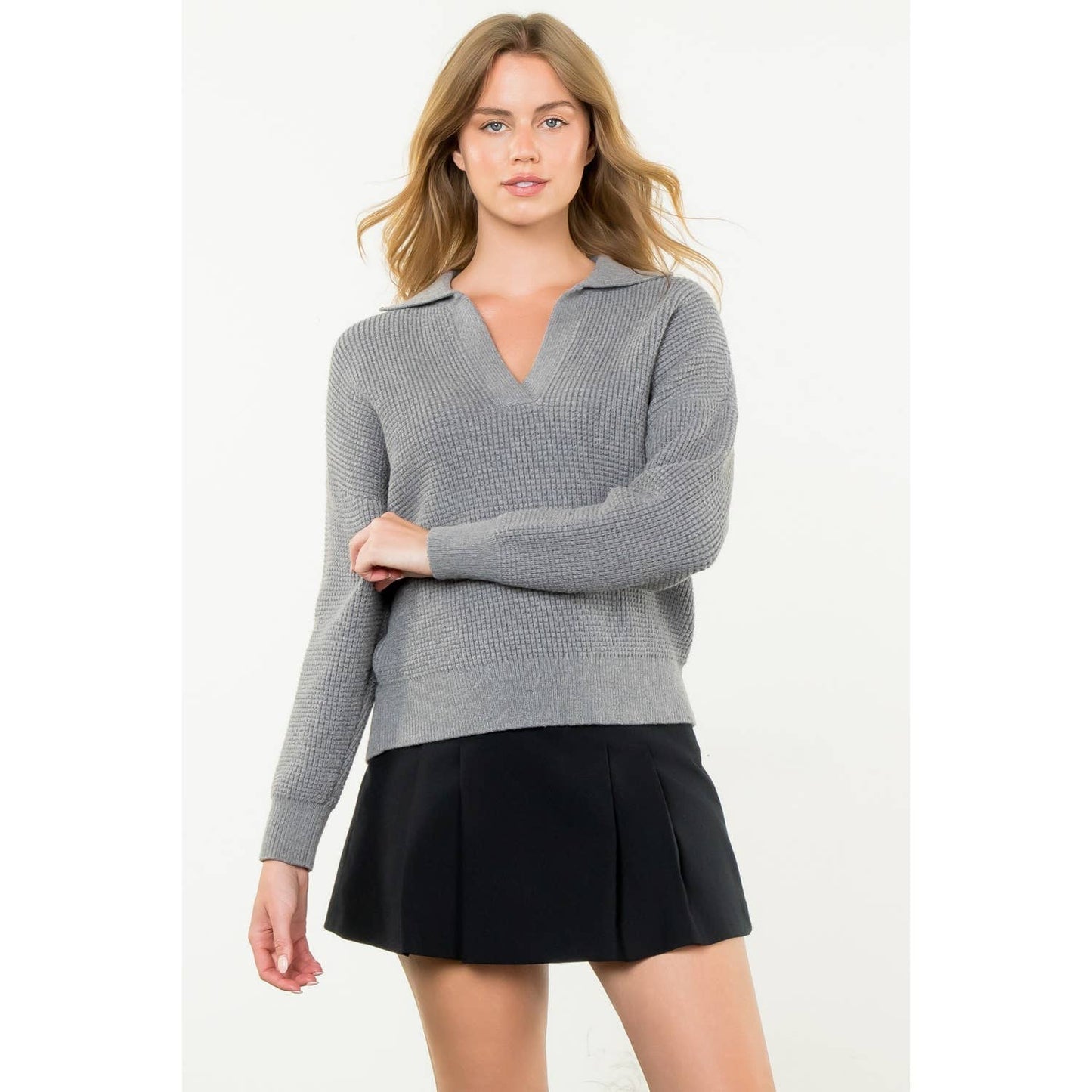 Collared V-Neck Textured Knit Sweater