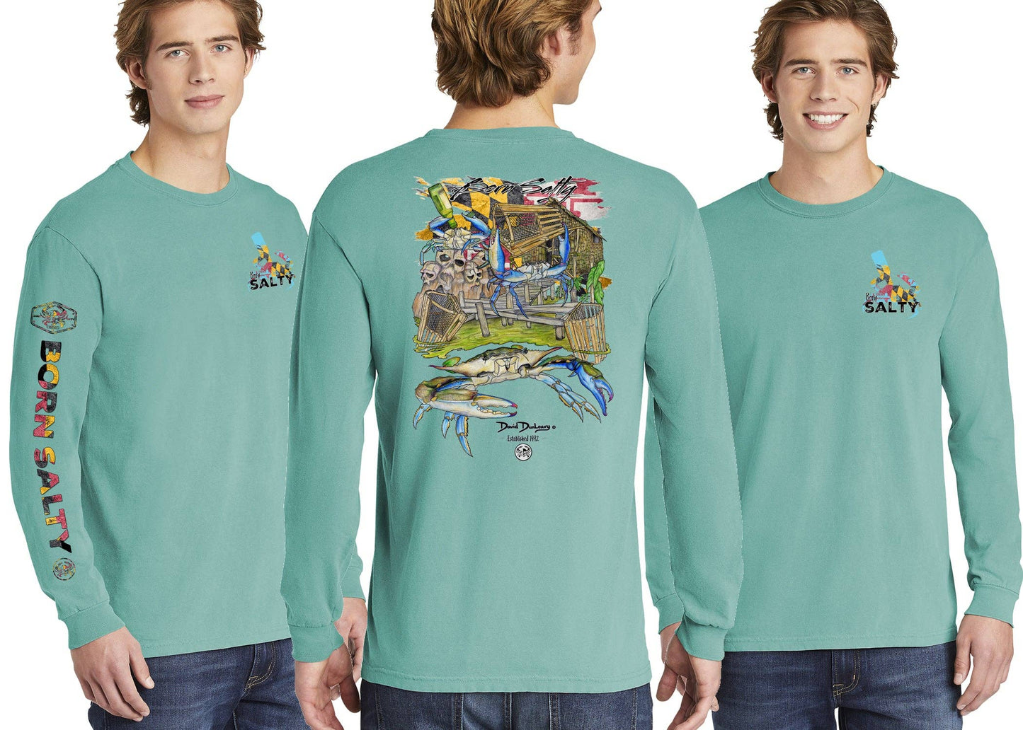 Born Salty Maryland Blue Crab Long Sleeve Cotton Garment-Dyed Seafoam T-Shirt