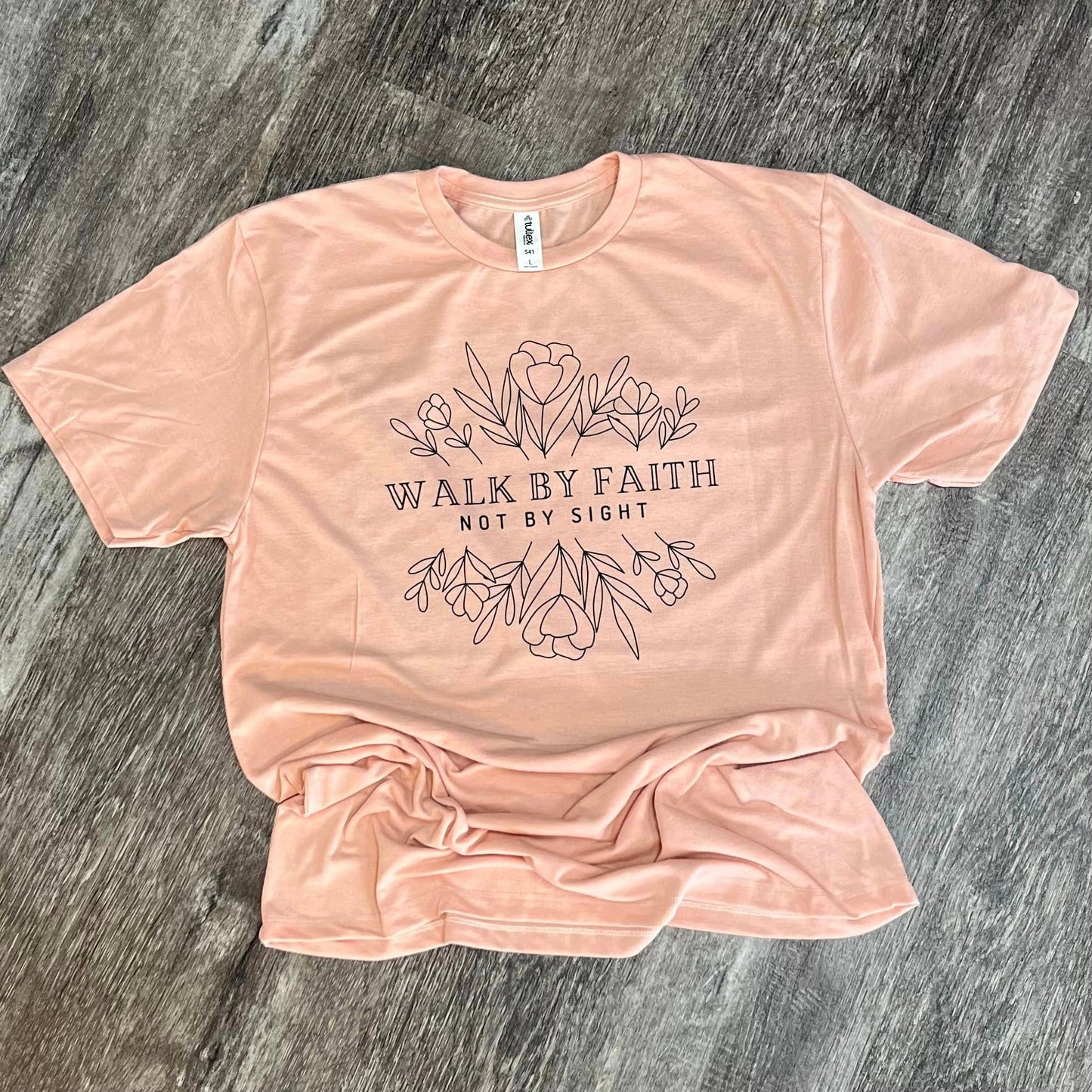 Walk By Faith Not By Sight Floral On Peach Tee
