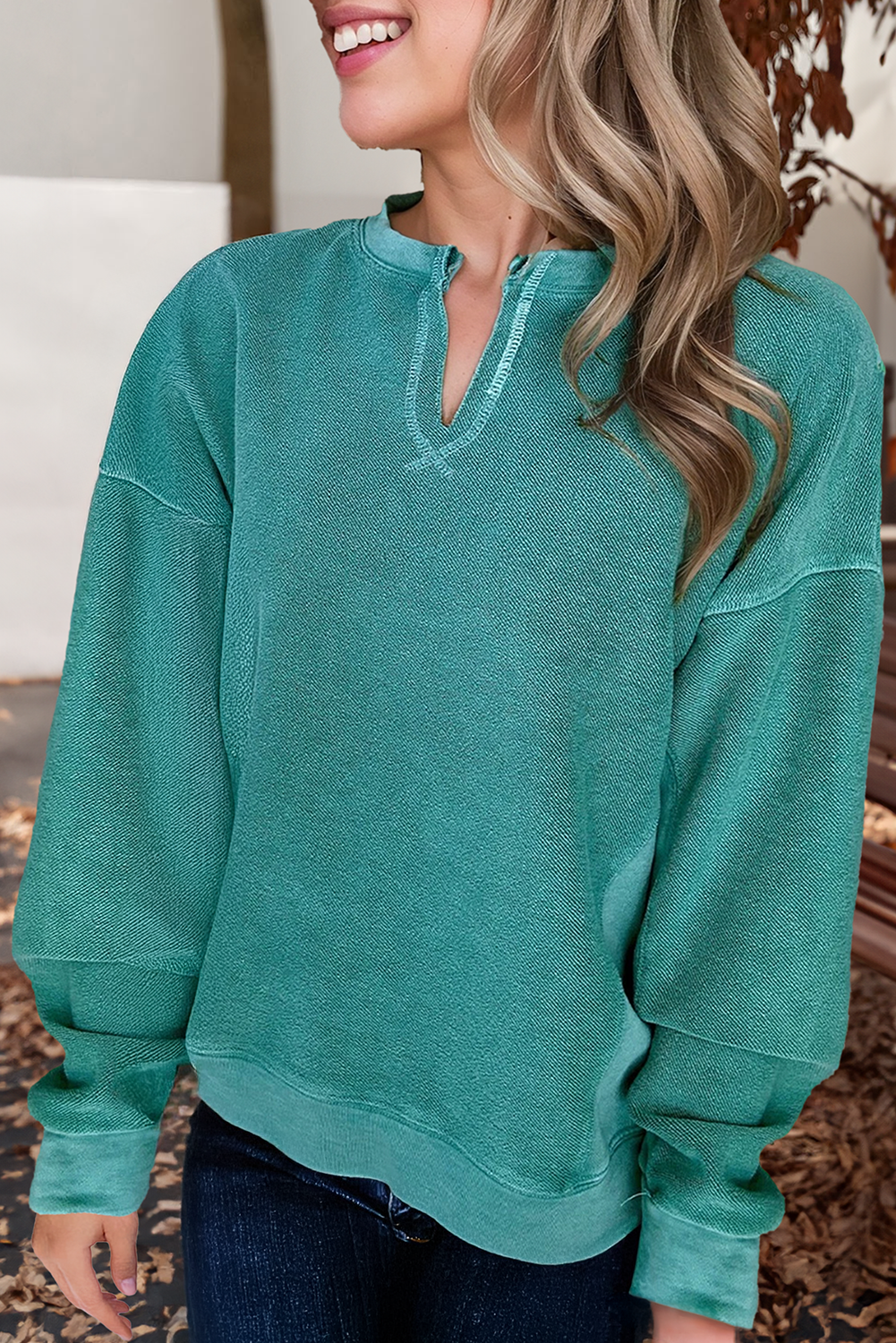Casual Notched V Neck Long Sleeve Sweatshirt (S-Xl)