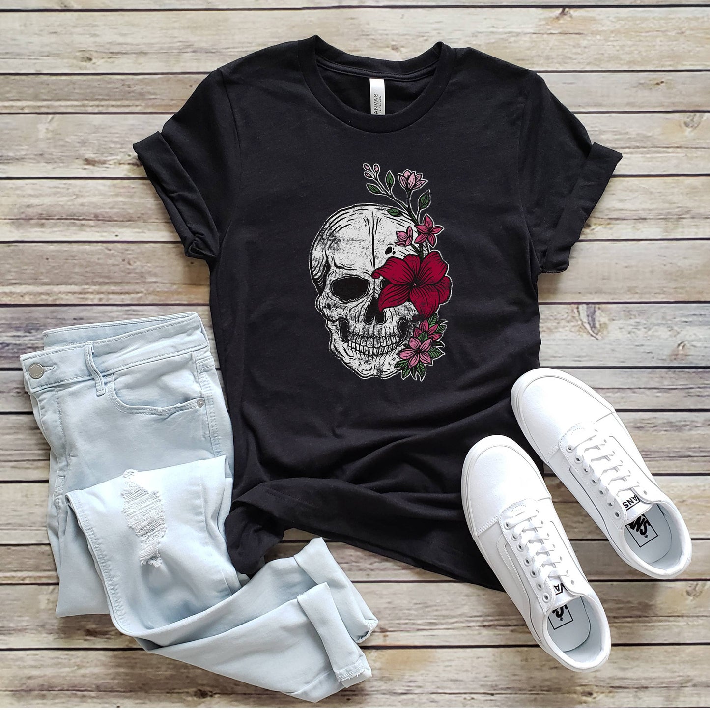 Red Floral Skeleton Tee | Halloween | Sizes XS-2XL