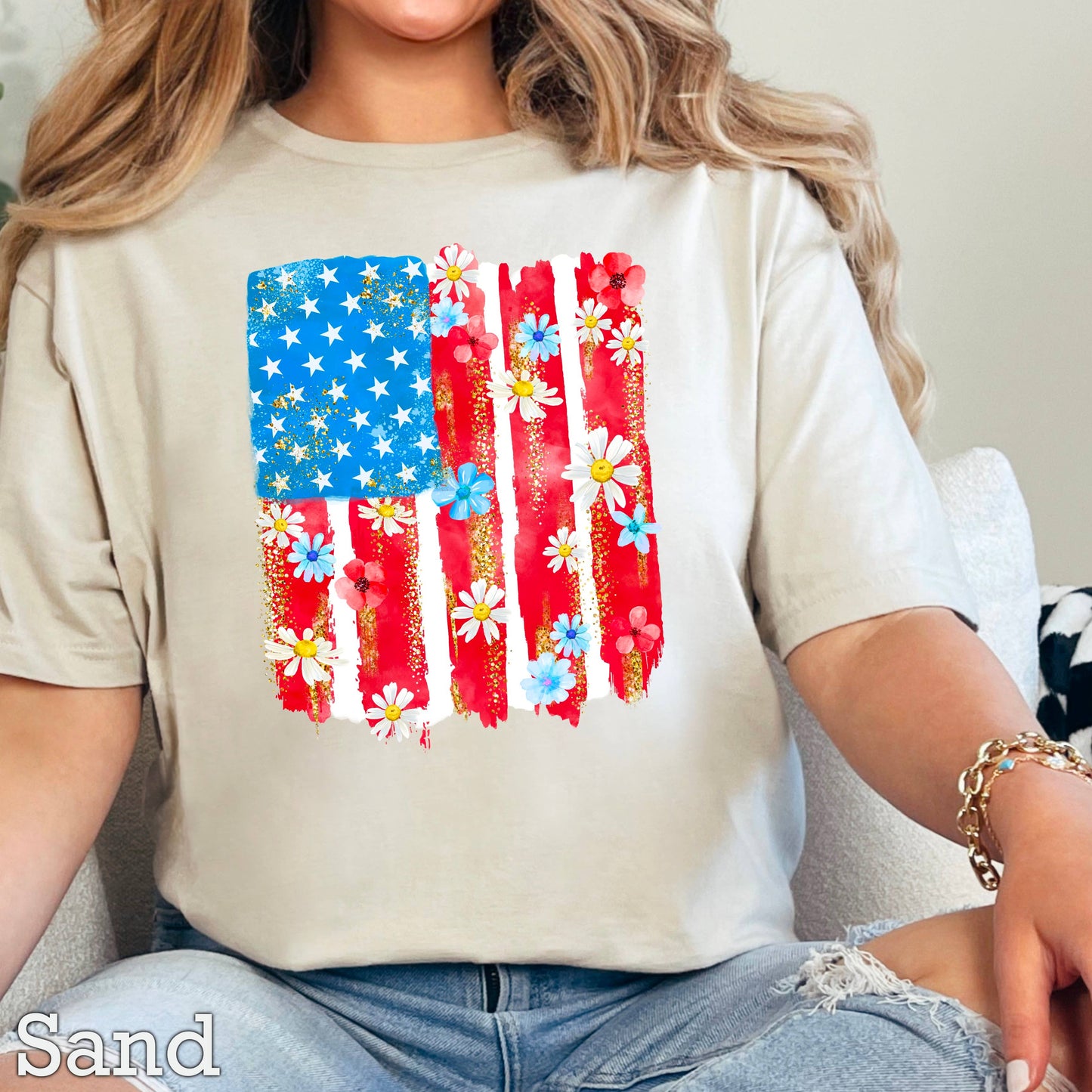 USA Floral Flag July 4th Graphic Tee | Gildan