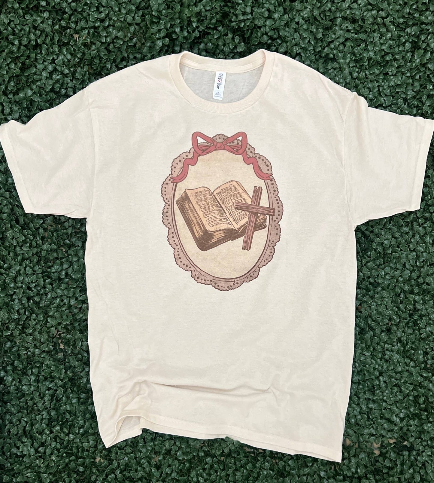 Vintage Frame with Bible and Cross On Cream Tee