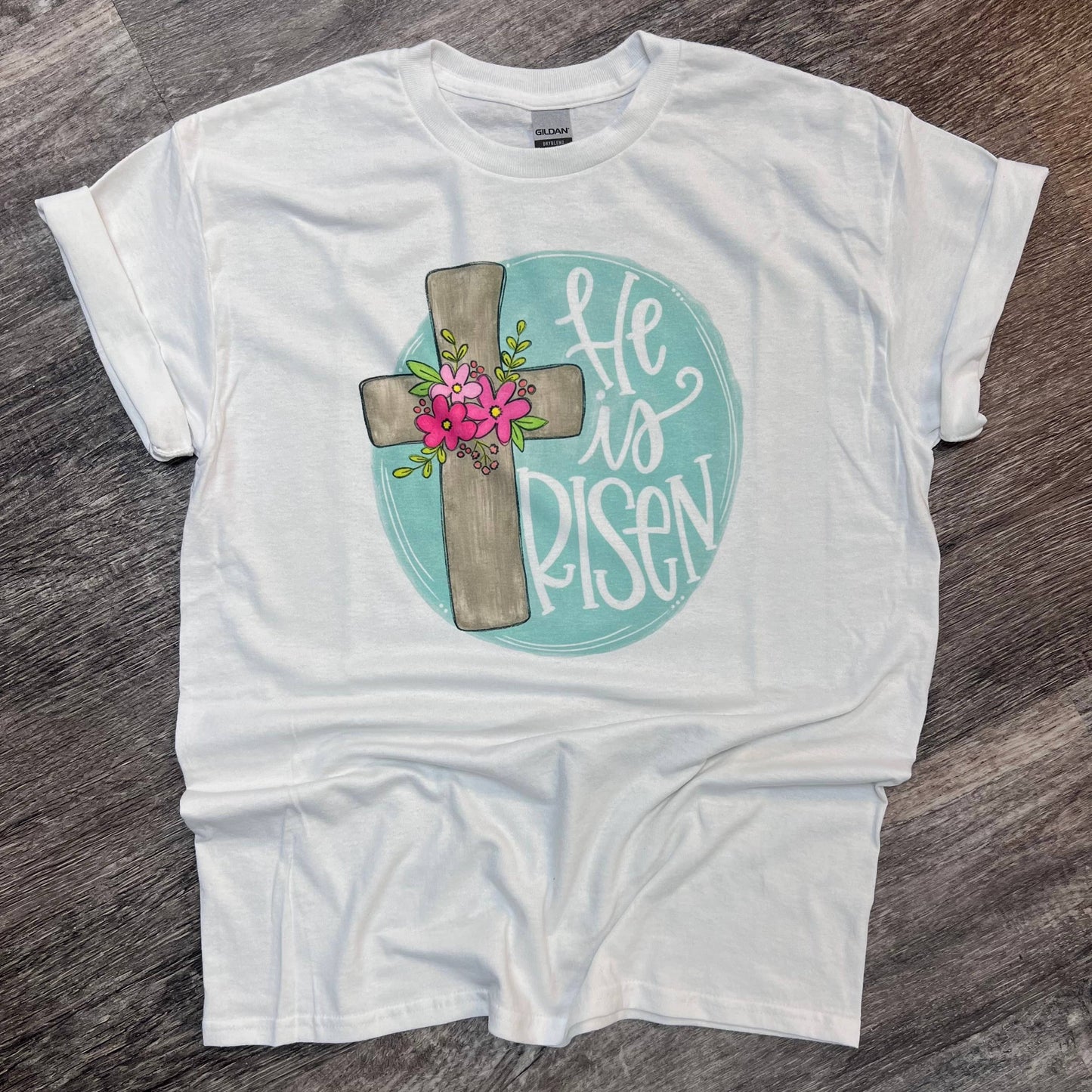 He Is Risen Floral Cross On White Tee
