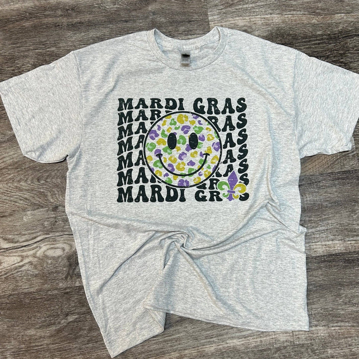 Mardi Gras Smiley Face On Ash Gray Tee
