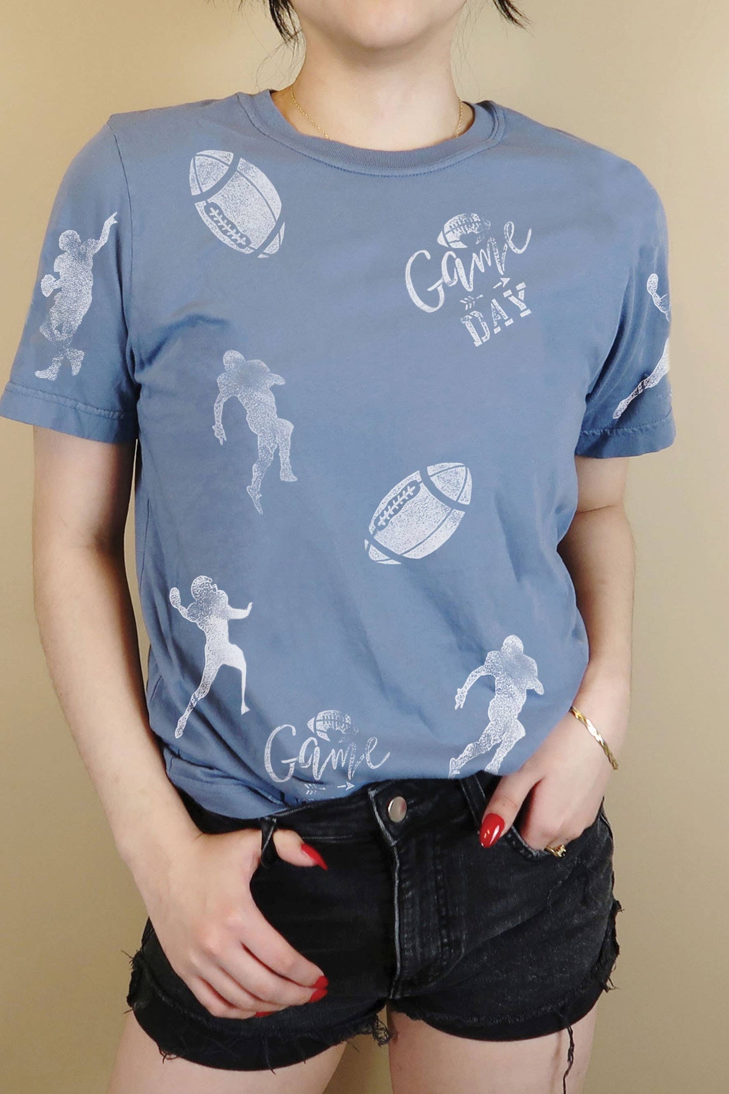Game Day Football Allover Hand Stamp Graphic Tshirt