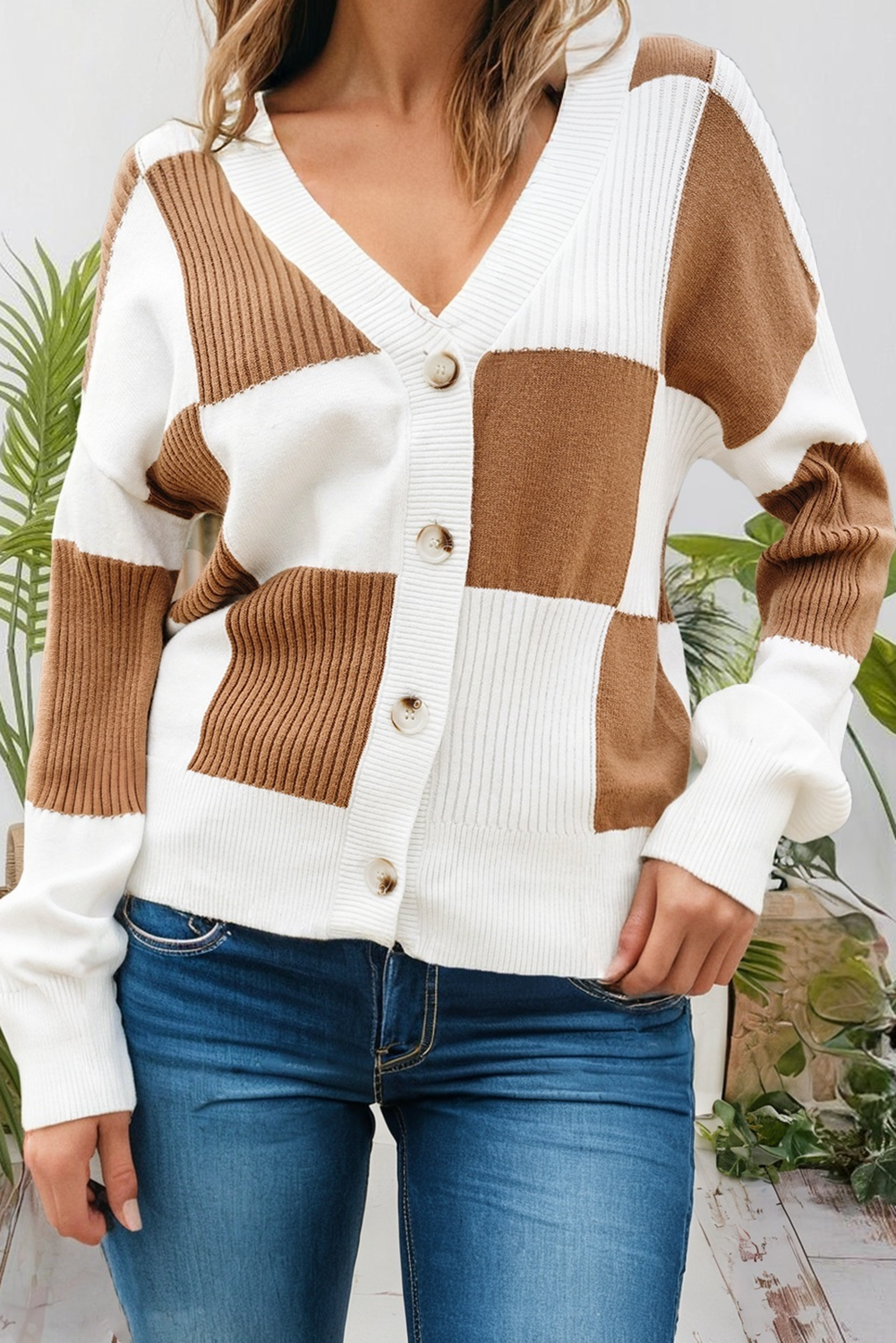 Checkered Ribbed Plus Size Cardigan Sweater (S-4X)