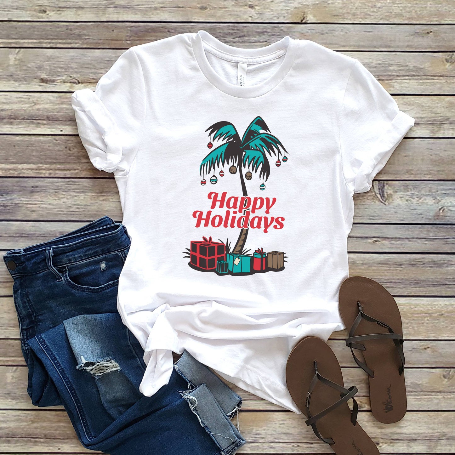 Happy Holidays Palm Tree Tee | Christmas | Sizes XS-2XL