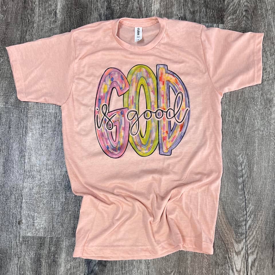 God Is Good Messy Paint On Heather Peach Tee