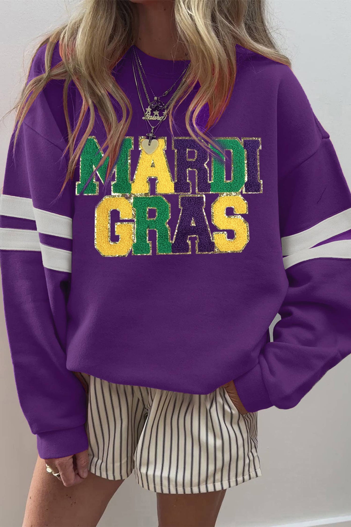 Mardi Gras Patched Graphic Varsity Sweatshirt (S-Xl)