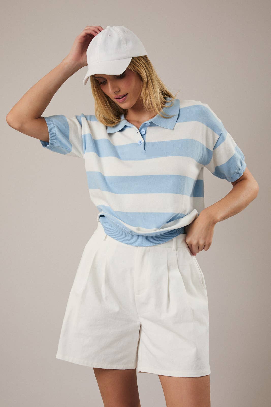 Half Sleeve Stripe Polo Knit Top