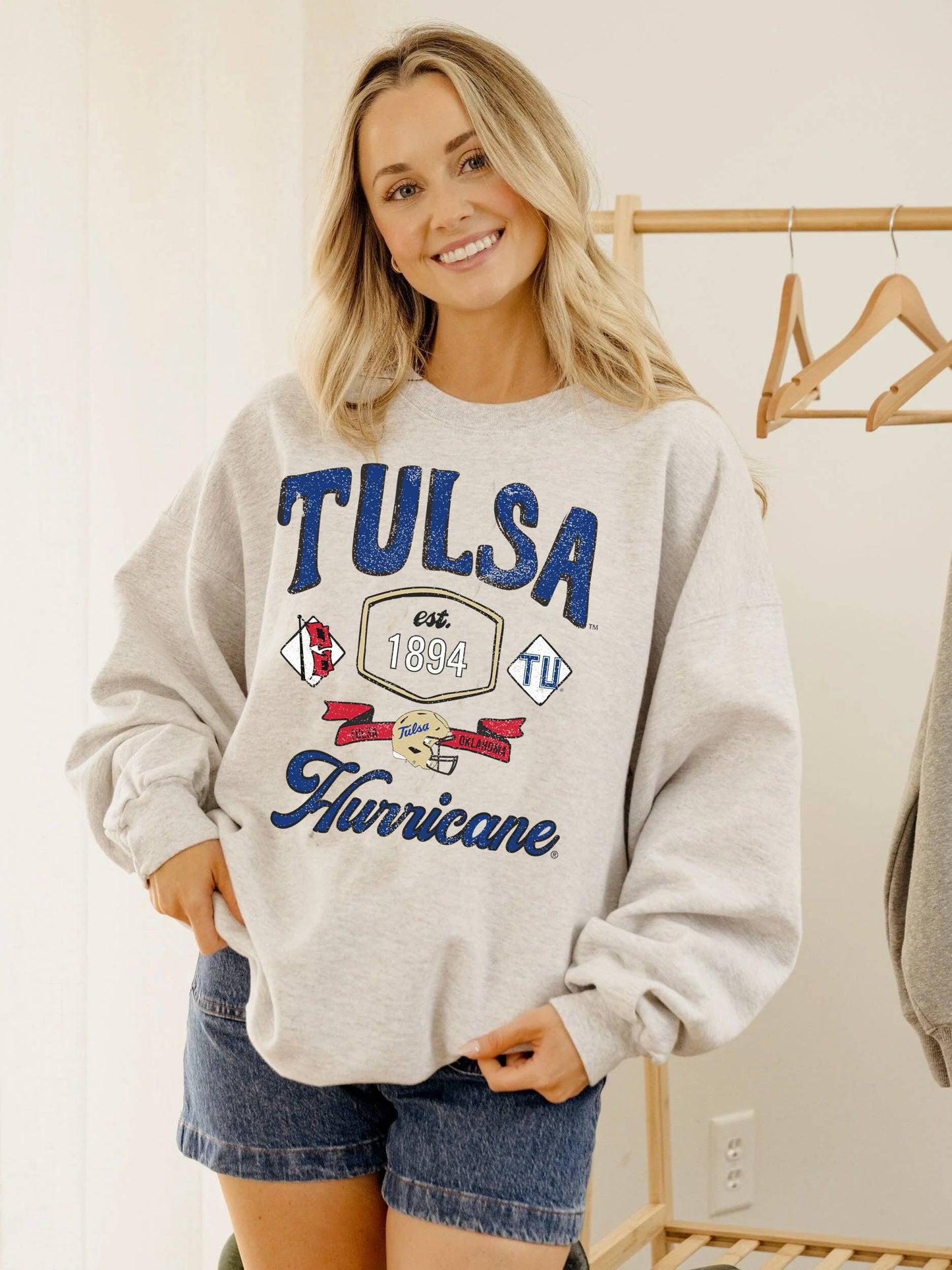 Tu Tulsa Hurricane Patches 25 Ash Gray Thrifted Sweatshirt