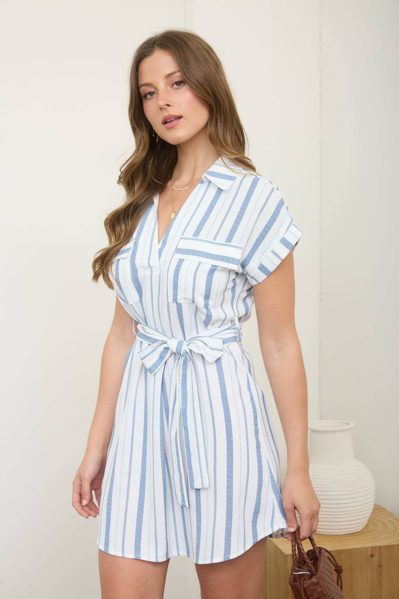 Stripe Collared Short Sleeve Belted Shirt Dress