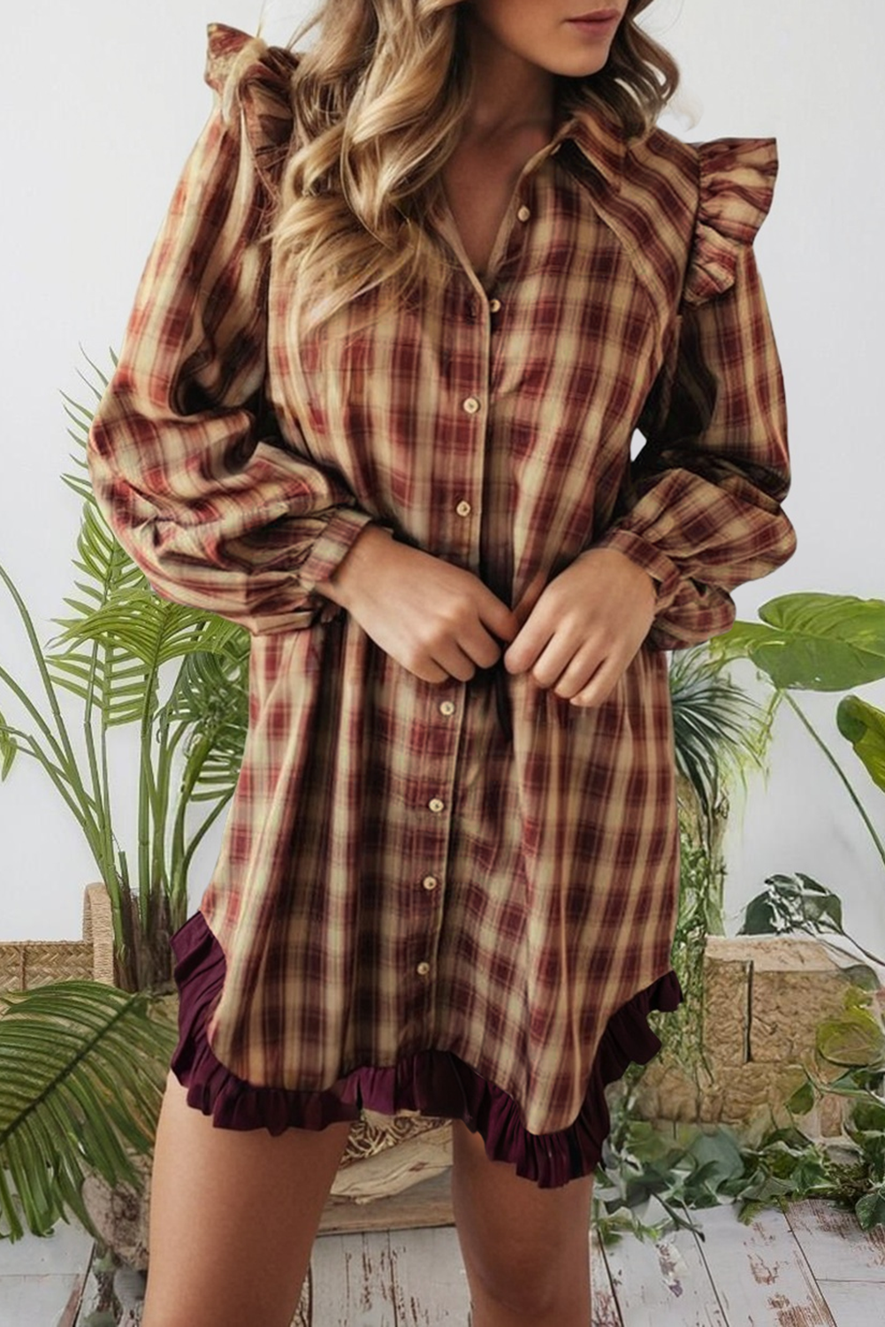 Plaid Ruffled Long Sleeve Patchwork Hem Shirt Dress (S-Xl)