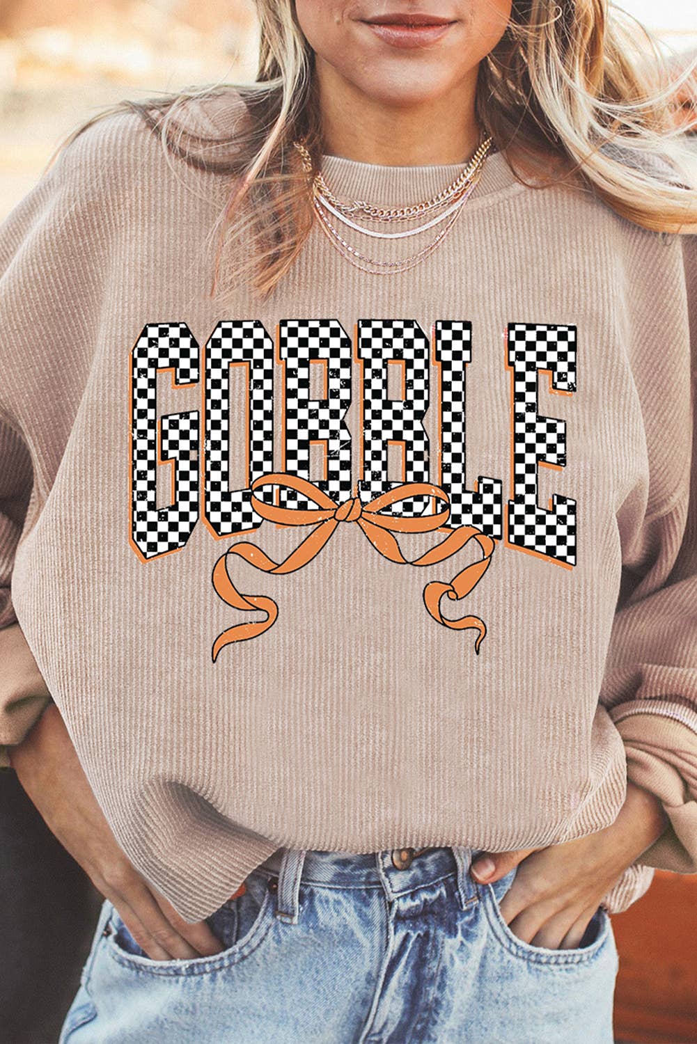 Texture Checkered Gobble Bow Print Baggy Sweatshirt Graphic