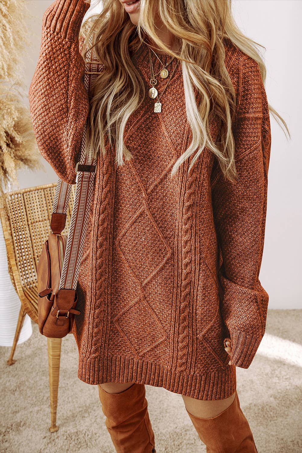 Cable Knit Long Sleeve Drop Shoulder Sweater Dress (S-3XL)