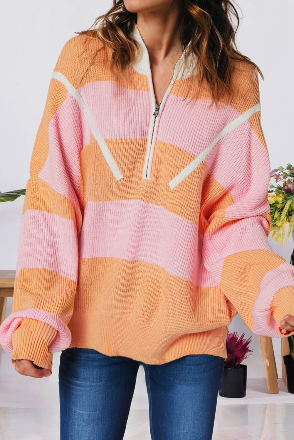Stripe Colorblock Half Zip Oversize Sweater (S-Xl)