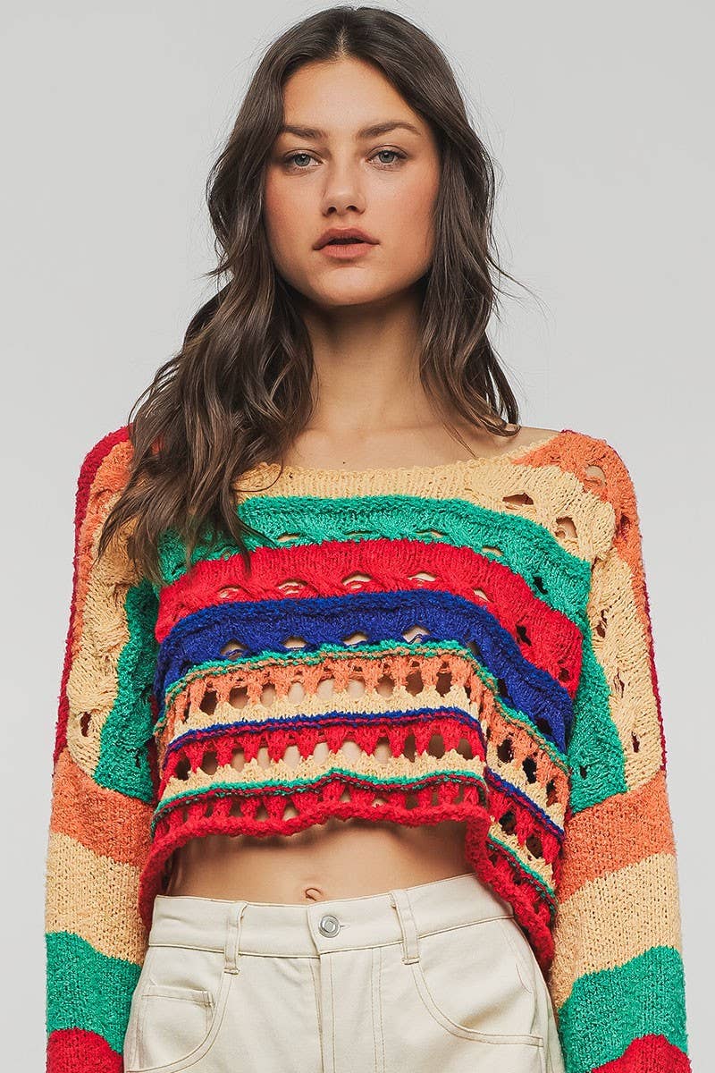 Colorblock Crochet Knit Cropped Tie Back Sweater