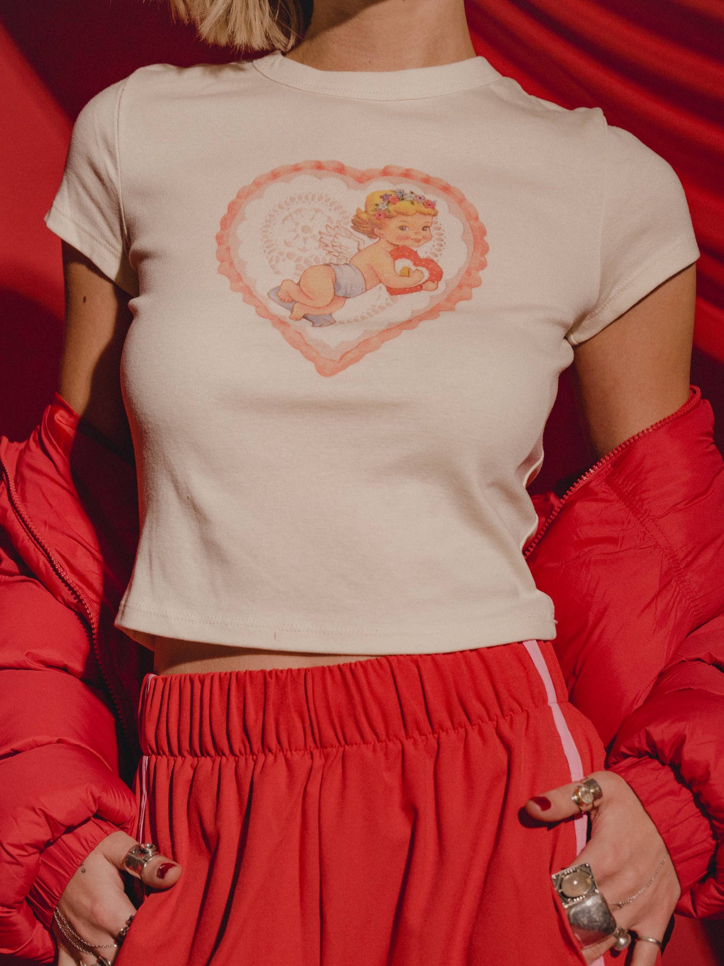 Cupid Heart Valentine's Day Off White Micro Cropped Tee