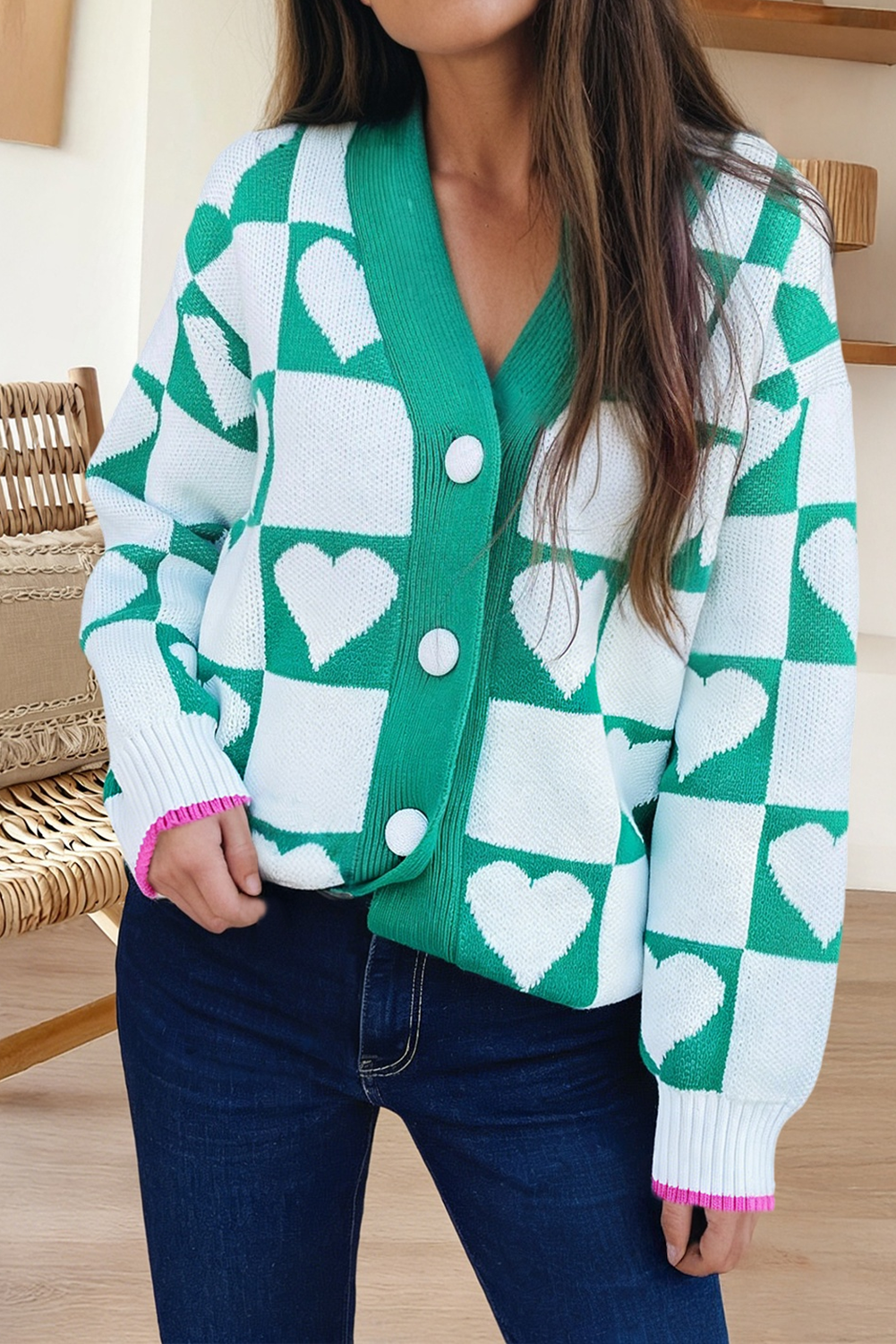 Plaid Heart Knit V Neck Button Down Sweater Cardigan (S-Xl)