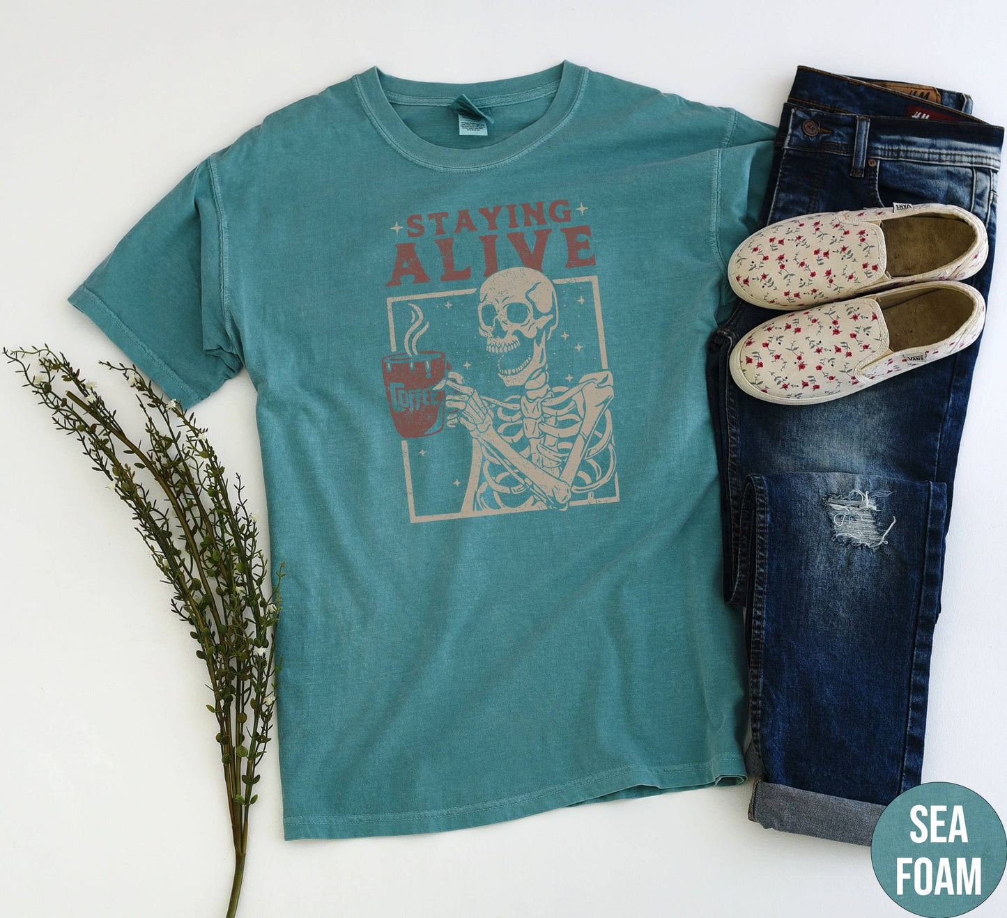 Staying Alive Skeleton Tee - Funny Coffee Lovers Vintage Shi